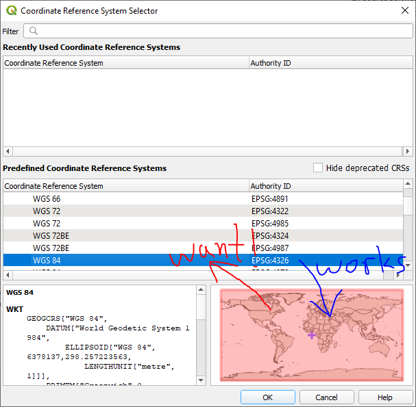 Forward (works) and reverse (want) queries of coordinate reference systems